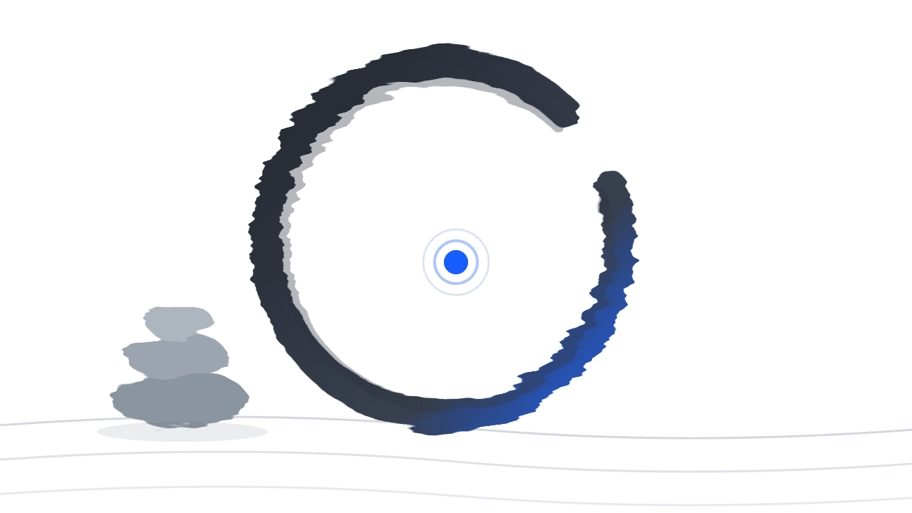 Ink-brushed zen enso circle with stacked stones on white